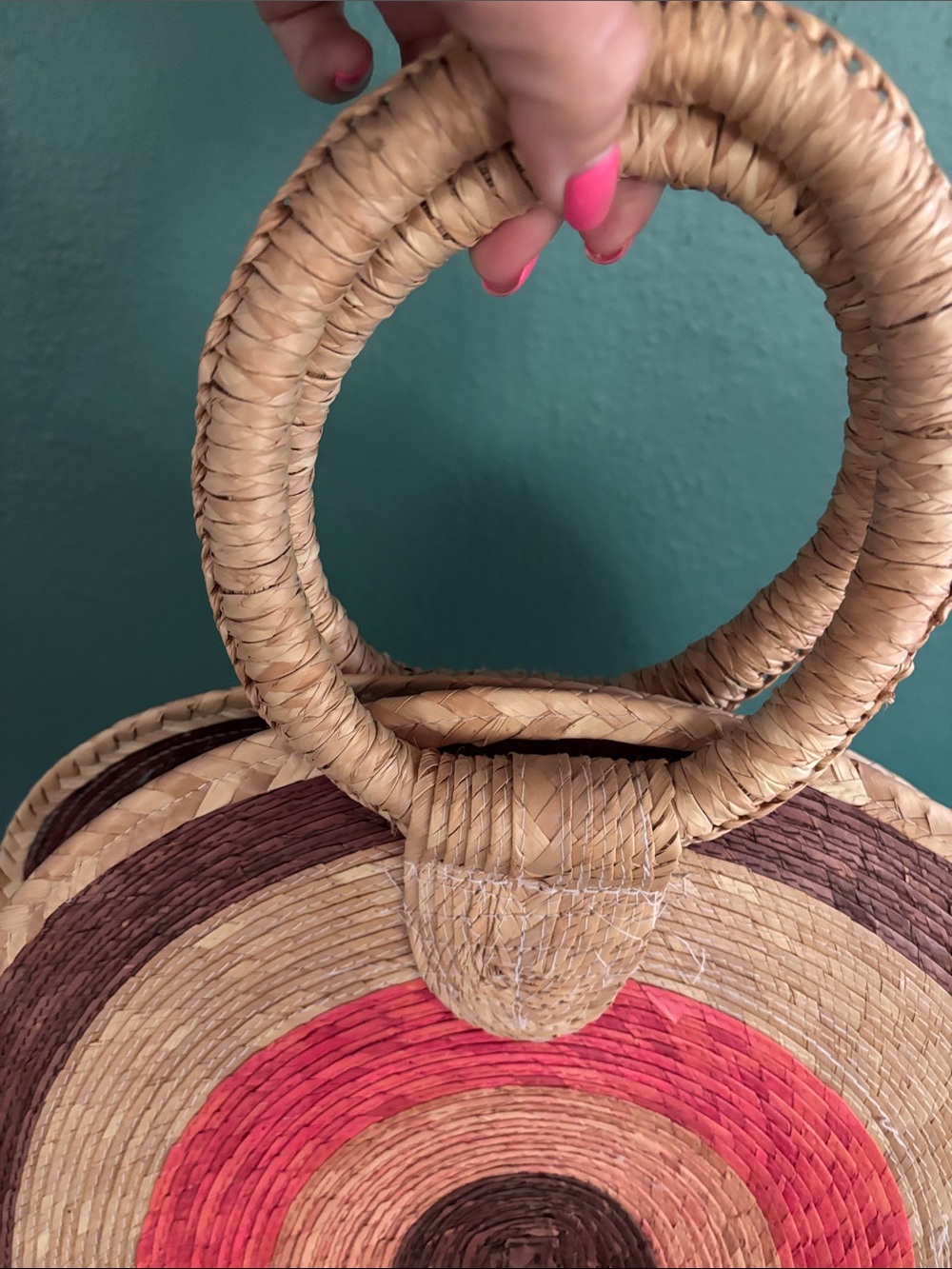 Woven Straw Rainbow Tote Bag in Natural, Brown & Coral - Picture 4 of 4